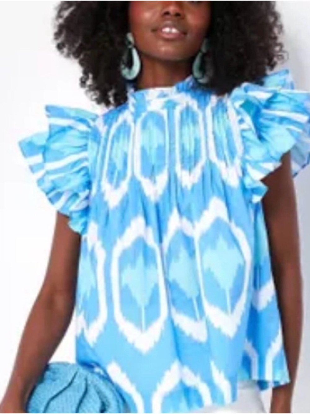 Oliphant Pintuck Ruffle Sleeve Top Odisha Blue Ikat, size small